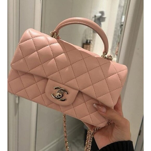 Authentic CHANEL Lambskin Quilted Mini Top Handle Rectangular Flap Bag Pink - Picture 5 of 11